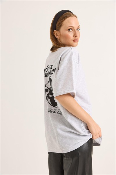 Açık Gri Baskılı Oversize Tişört