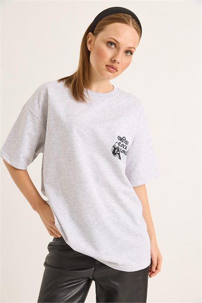 Açık Gri Baskılı Oversize Tişört
