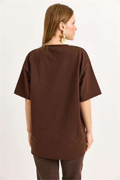 Kahverengi Baskılı Oversize Tişört