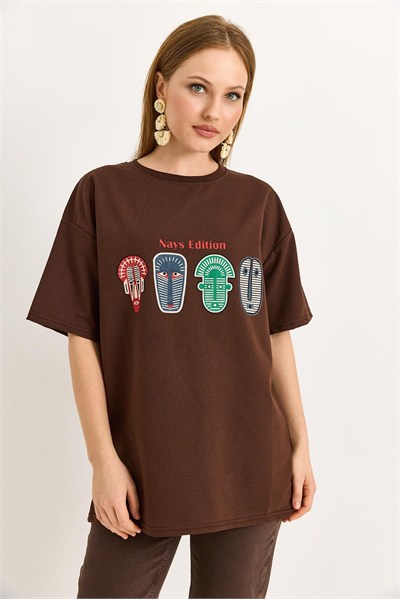 Kahverengi Baskılı Oversize Tişört