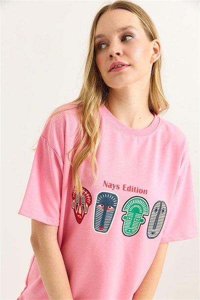 Pembe Baskılı Oversize Tişört
