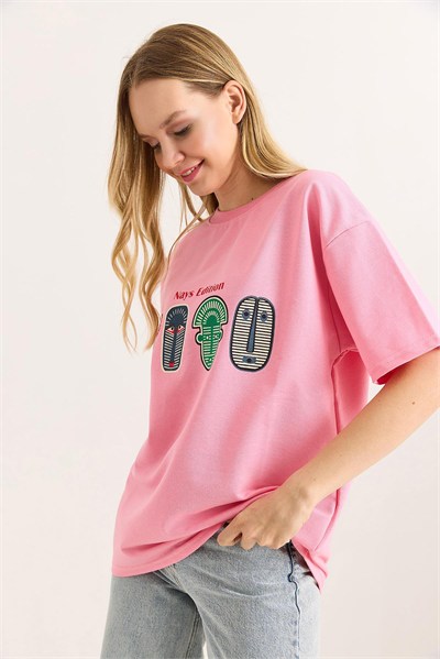 Pembe Baskılı Oversize Tişört