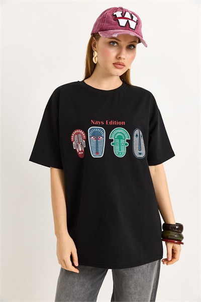 Siyah Baskılı Oversize Tişört