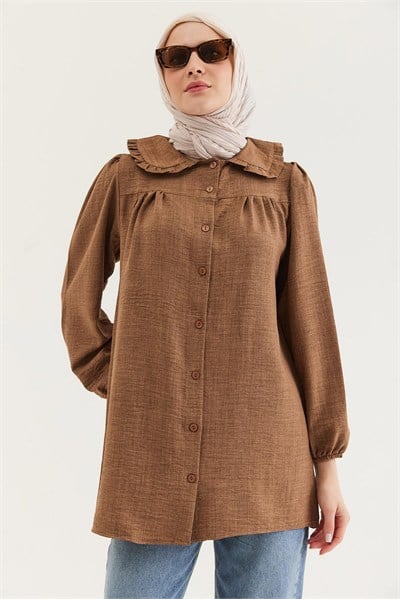 Kahverengi Bebe Yaka Keten Tunik
