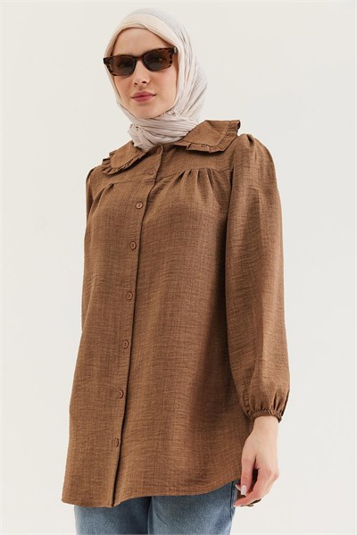 Kahverengi Bebe Yaka Keten Tunik