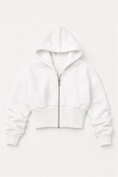 Beyaz Fermuarlı Crop Sweatshirt