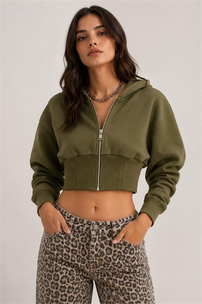 Haki Fermuarlı Crop Sweatshirt