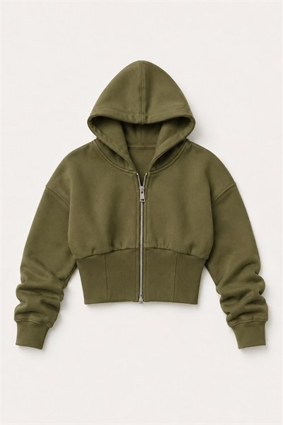 Haki Fermuarlı Crop Sweatshirt