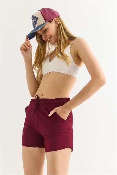 Bordo Beli Lastikli Fit Şort
