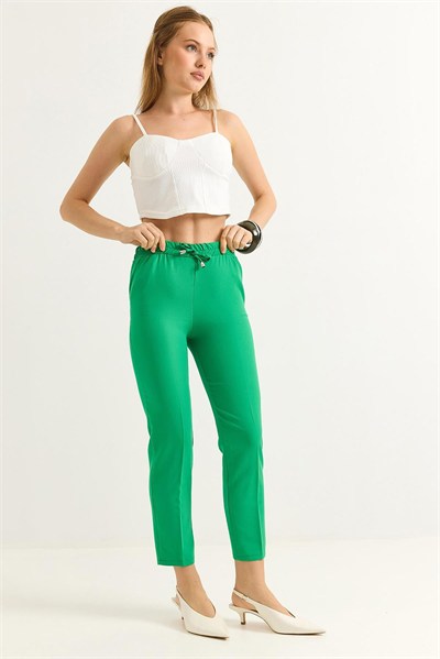 Yeşil Beli Lastikli Krep Pantolon