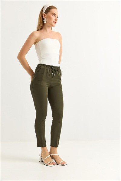 Haki Beli Lastikli Krep Pantolon