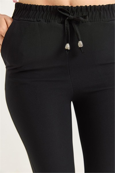 Siyah Beli Lastikli Krep Pantolon