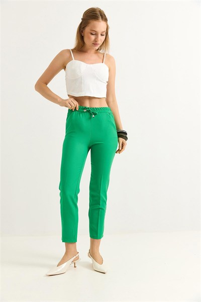 Yeşil Beli Lastikli Krep Pantolon