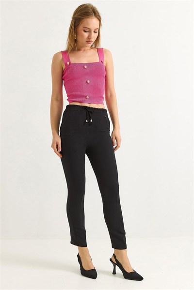 Siyah Beli Lastikli Krep Pantolon