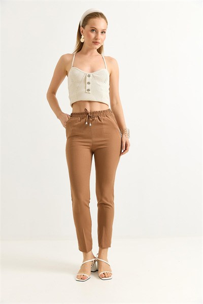 Camel Beli Lastikli Krep Pantolon