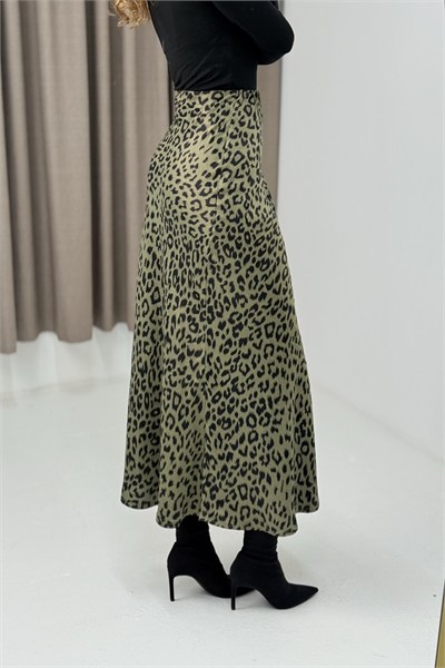 Haki Leoparlı Saten Etek