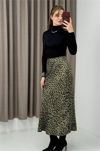 Haki Leoparlı Saten Etek