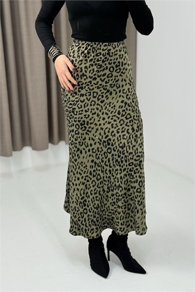 Haki Leoparlı Saten Etek