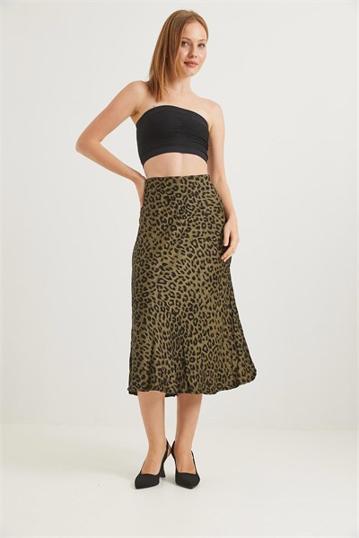 Haki Leopar Desen Saten Etek