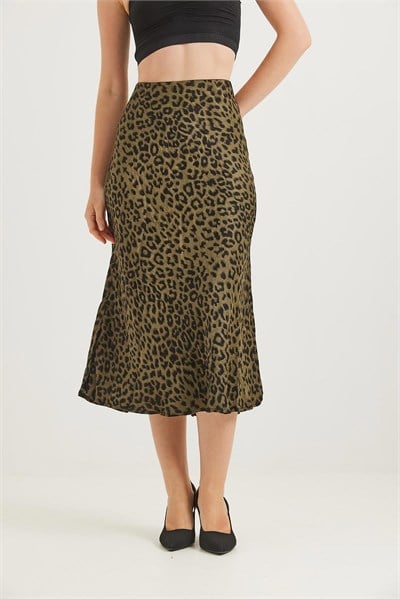 Haki Leopar Desen Saten Etek