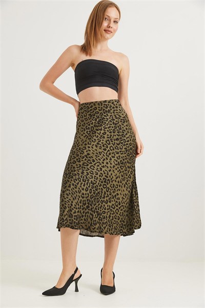 Haki Leopar Desen Saten Etek