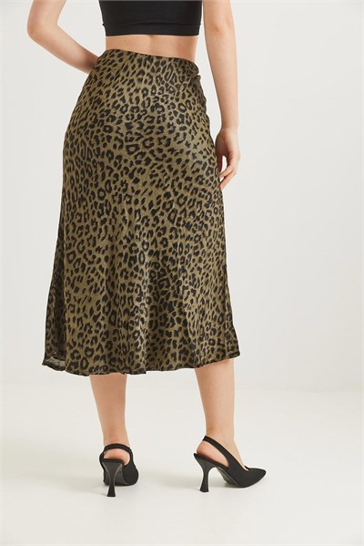 Haki Leopar Desen Saten Etek