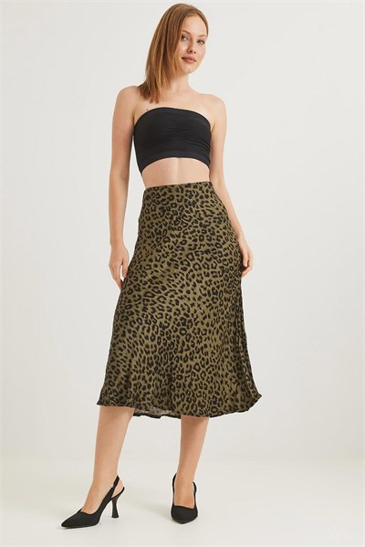 Haki Leopar Desen Saten Etek