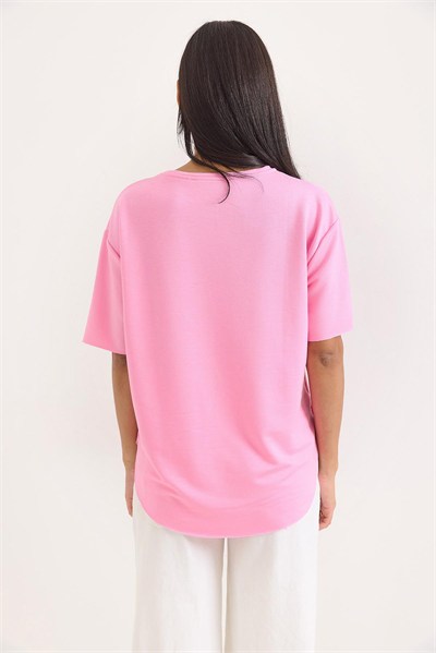 Pembe Bisiklet Yaka Oversize Tişört
