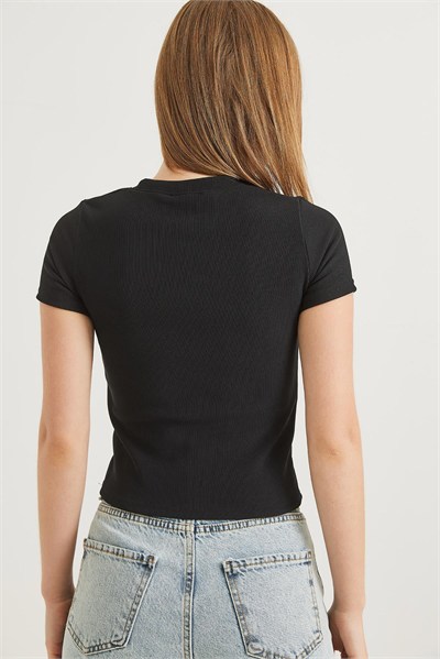 Siyah Nakışlı Fitilli Crop Bluz