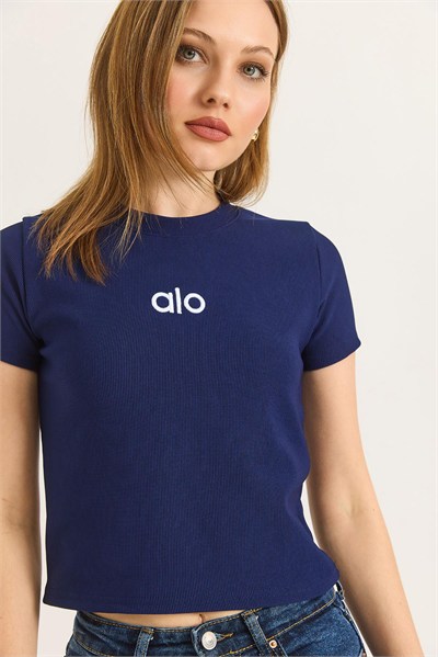 Lacivert Nakışlı Fitilli Crop Bluz
