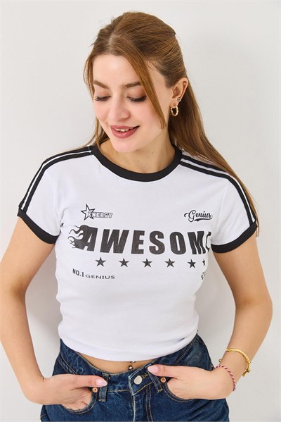 Beyaz Baskılı Crop Tişört
