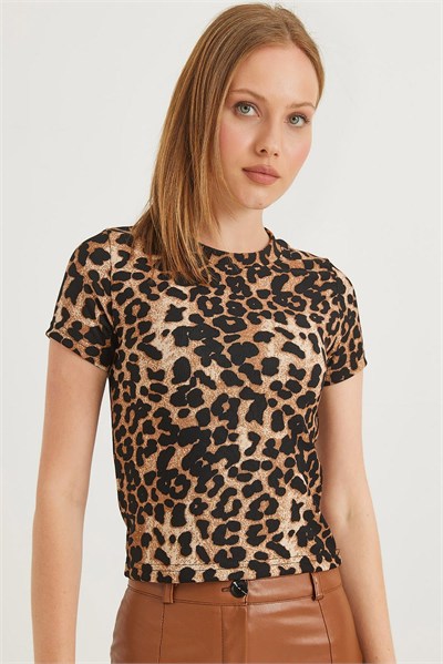 Leopar Bisiklet Yaka Crop Bluz