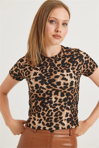 Leopar Bisiklet Yaka Crop Bluz