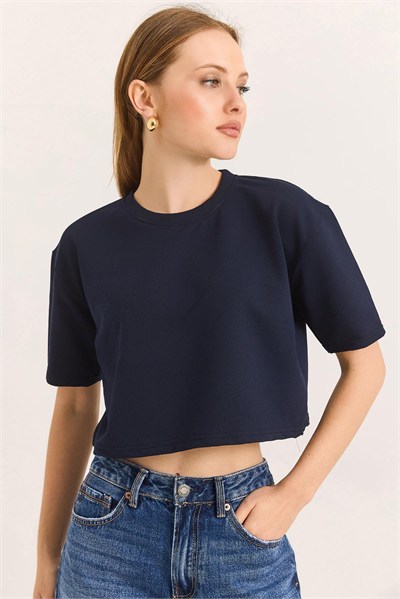 Lacivert Bisiklet Yaka Crop Tişört