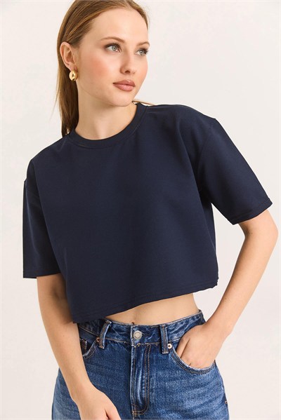 Lacivert Bisiklet Yaka Crop Tişört