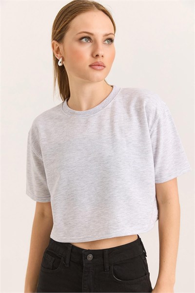Gri Bisiklet Yaka Crop Tişört