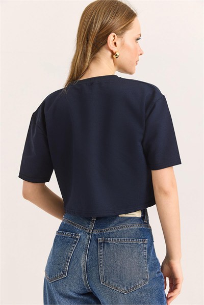 Lacivert Bisiklet Yaka Crop Tişört