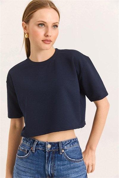Lacivert Bisiklet Yaka Crop Tişört