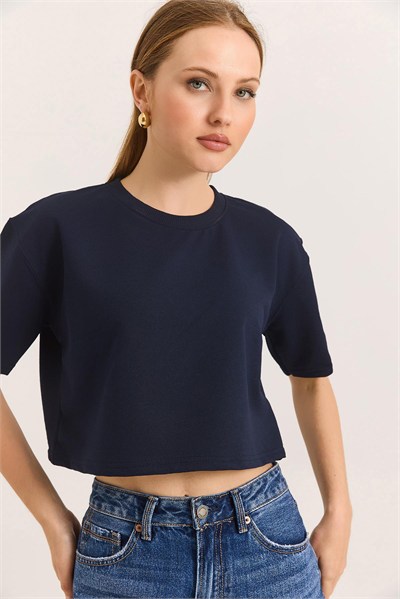 Lacivert Bisiklet Yaka Crop Tişört