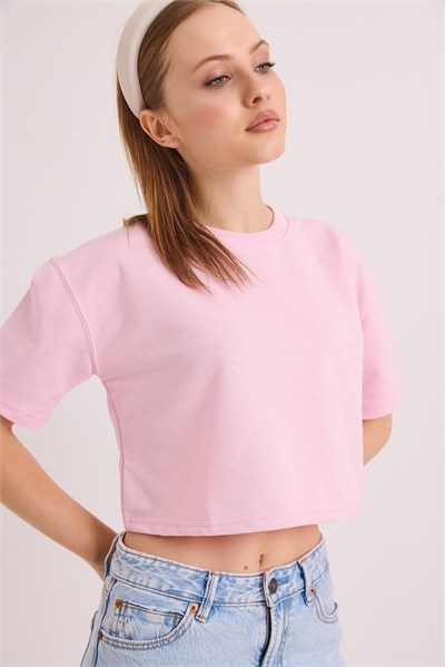 Pembe Bisiklet Yaka Crop Bluz