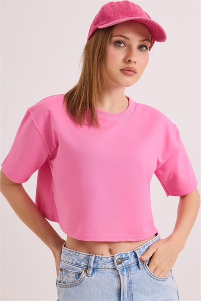 Pembe Bisiklet Yaka Crop Bluz
