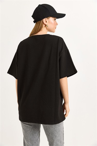 Siyah Baskılı Bisiklet Yaka Tişört