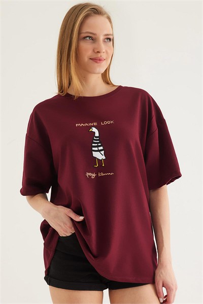 Bordo Baskılı Oversize Tişört