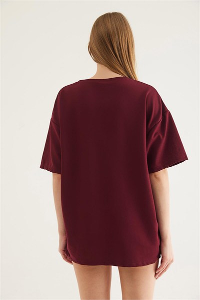 Bordo Baskılı Oversize Tişört