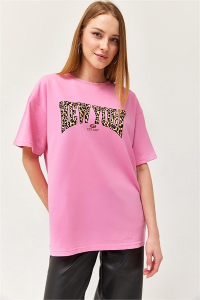 Pembe Baskılı Oversize Tişört