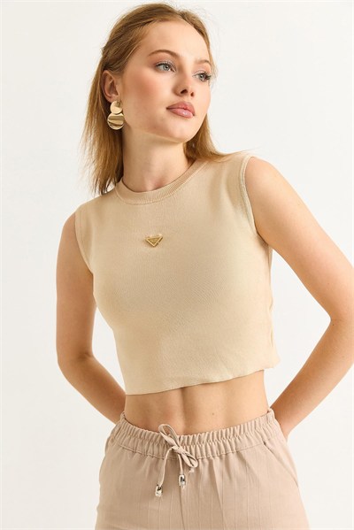 Bej Bisiklet Yaka Crop Bluz