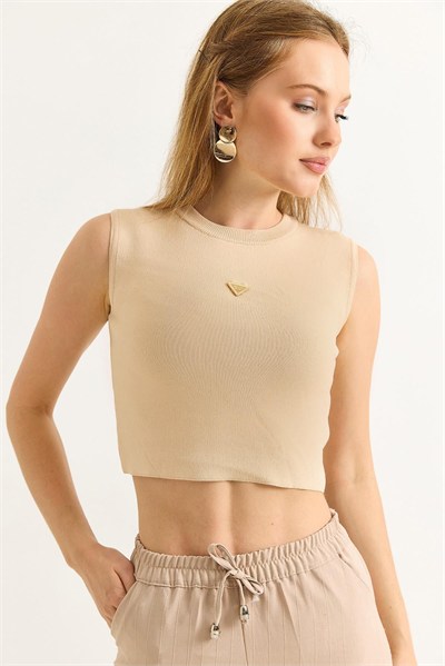 Bej Bisiklet Yaka Crop Bluz