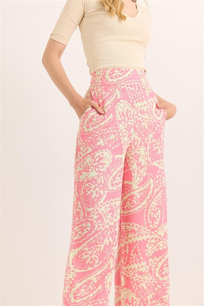 Pembe Desenli Bol Paça Pantolon