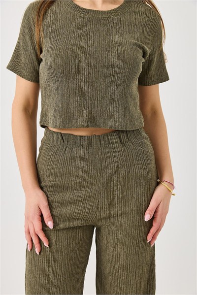 Haki Bürümcük Kumaş Crop Takım
