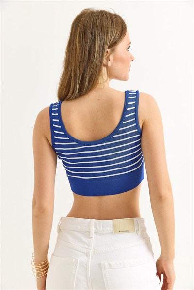 Mavi Çizgili Crop Triko Bluz